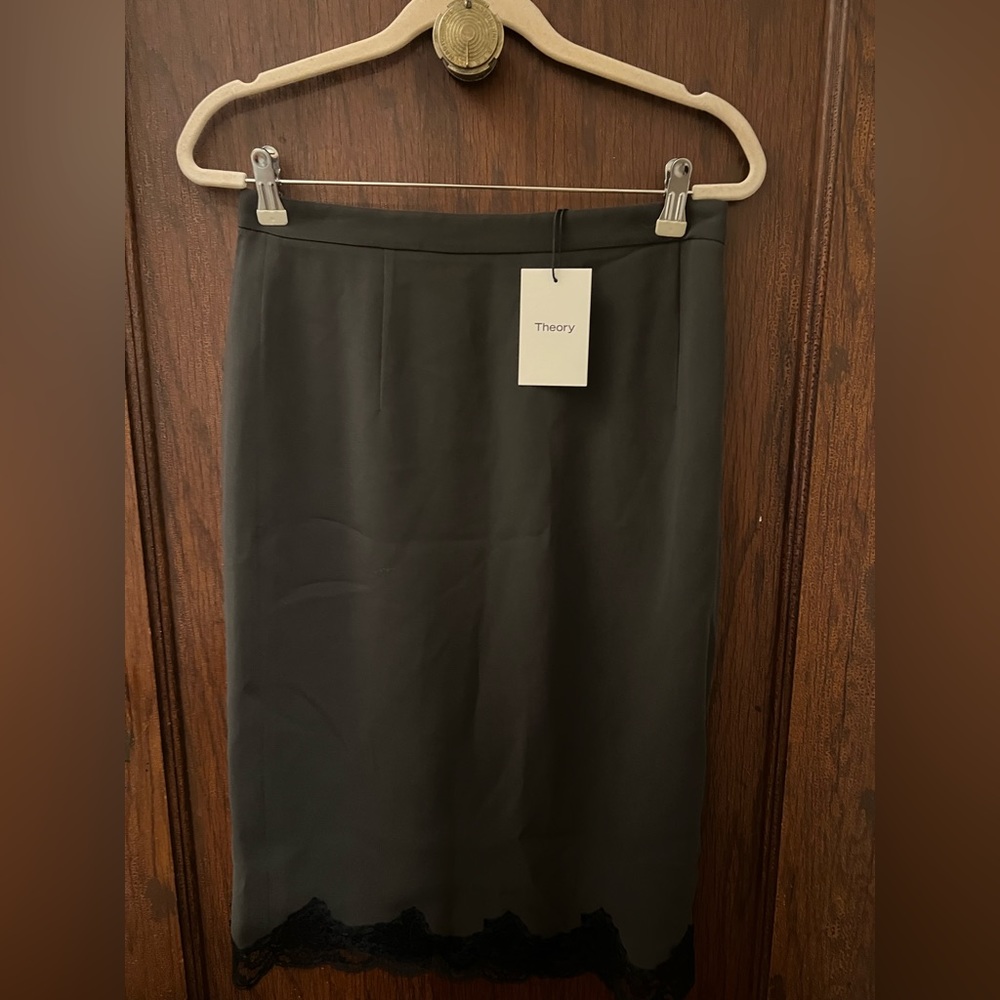 Theory Pencil Skirt Olive Green Crepe with Lace NWT 8 Y2K 90s Look